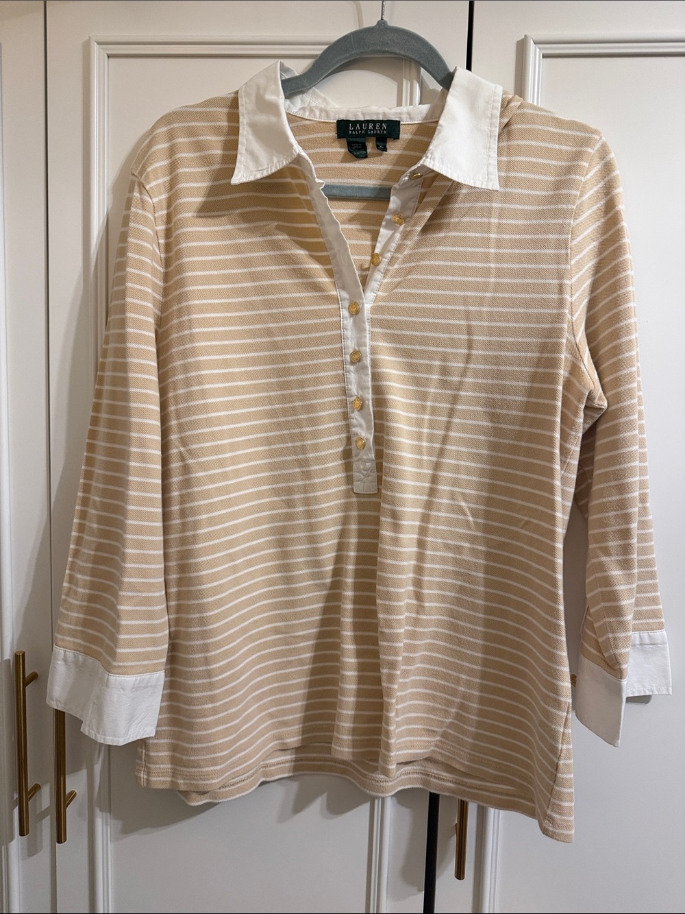 Vintage Ralph Lauren Beige & White Striped Long-Sleeve Polo Top